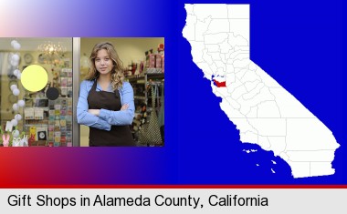 a gift shop proprietor; Alameda County highlighted in red on a map