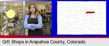 a gift shop proprietor; Arapahoe County highlighted in red on a map