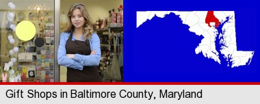 a gift shop proprietor; Baltimore County highlighted in red on a map