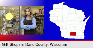 a gift shop proprietor; Dane County highlighted in red on a map