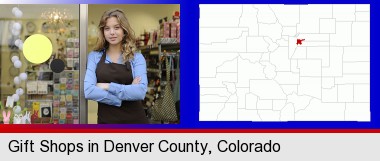 a gift shop proprietor; Denver County highlighted in red on a map