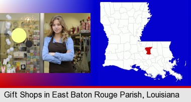 a gift shop proprietor; East Baton Rouge Parish highlighted in red on a map