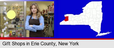 a gift shop proprietor; Erie County highlighted in red on a map