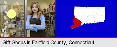 a gift shop proprietor; Fairfield County highlighted in red on a map