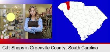 a gift shop proprietor; Greenville County highlighted in red on a map