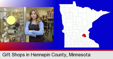 a gift shop proprietor; Hennepin County highlighted in red on a map
