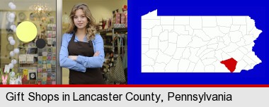 a gift shop proprietor; Lancaster County highlighted in red on a map