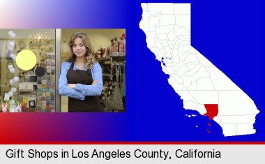 a gift shop proprietor; Los Angeles County highlighted in red on a map