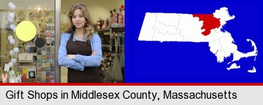a gift shop proprietor; Middlesex County highlighted in red on a map