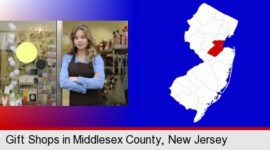 a gift shop proprietor; Middlesex County highlighted in red on a map