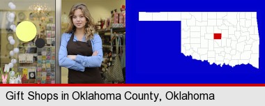 a gift shop proprietor; Oklahoma County highlighted in red on a map