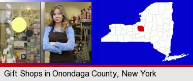 a gift shop proprietor; Onondaga County highlighted in red on a map