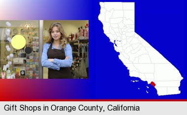 a gift shop proprietor; Orange County highlighted in red on a map