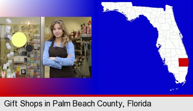 a gift shop proprietor; Palm Beach County highlighted in red on a map