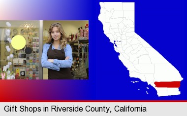 a gift shop proprietor; Riverside County highlighted in red on a map