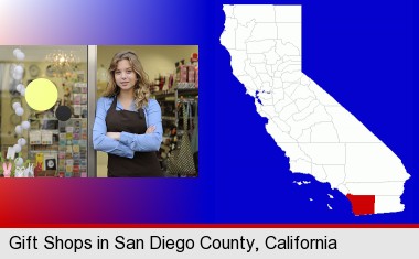 a gift shop proprietor; San Diego County highlighted in red on a map