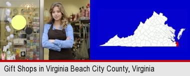 a gift shop proprietor; Virginia Beach City County highlighted in red on a map
