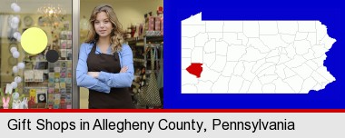 a gift shop proprietor; Allegheny County highlighted in red on a map