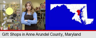 a gift shop proprietor; Anne Arundel County highlighted in red on a map