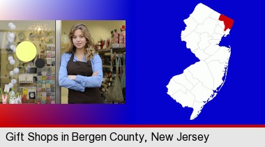 a gift shop proprietor; Bergen County highlighted in red on a map