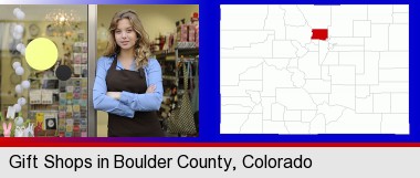 a gift shop proprietor; Boulder County highlighted in red on a map