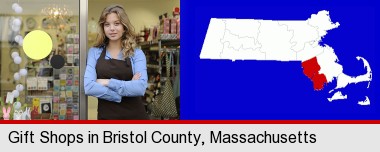a gift shop proprietor; Bristol County highlighted in red on a map