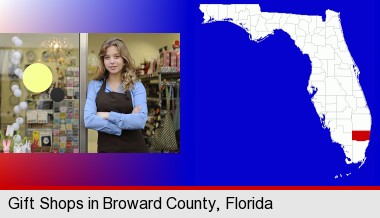 a gift shop proprietor; Broward County highlighted in red on a map