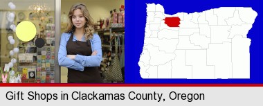 a gift shop proprietor; Clackamas County highlighted in red on a map
