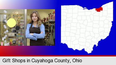 a gift shop proprietor; Cuyahoga County highlighted in red on a map