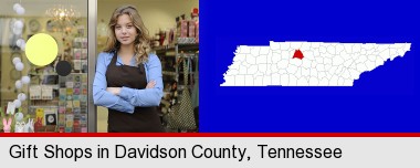a gift shop proprietor; Davidson County highlighted in red on a map