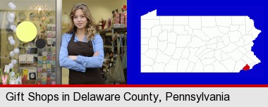 a gift shop proprietor; Delaware County highlighted in red on a map