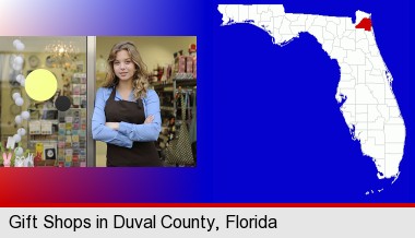 a gift shop proprietor; Duval County highlighted in red on a map