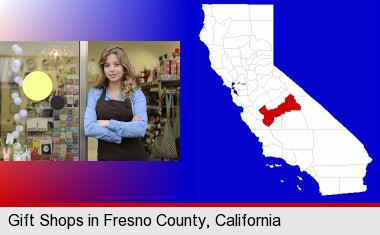 a gift shop proprietor; Fresno County highlighted in red on a map