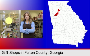 a gift shop proprietor; Fulton County highlighted in red on a map