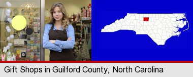 a gift shop proprietor; Guilford County highlighted in red on a map
