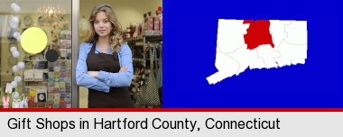 a gift shop proprietor; Hartford County highlighted in red on a map