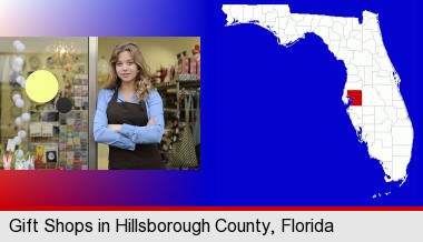 a gift shop proprietor; Hillsborough County highlighted in red on a map