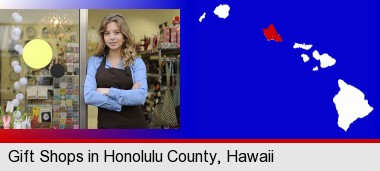 a gift shop proprietor; Honolulu County highlighted in red on a map