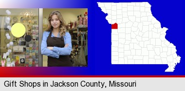 a gift shop proprietor; Jackson County highlighted in red on a map