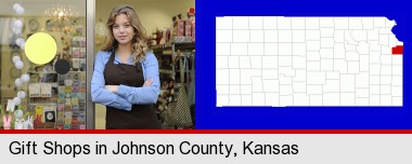 a gift shop proprietor; Johnson County highlighted in red on a map