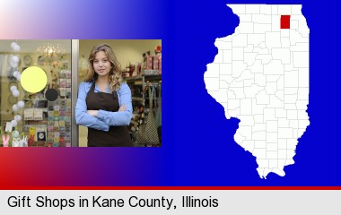 a gift shop proprietor; Kane County highlighted in red on a map