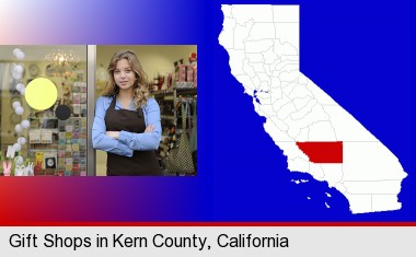 a gift shop proprietor; Kern County highlighted in red on a map