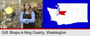 a gift shop proprietor; King County highlighted in red on a map