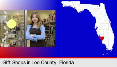 a gift shop proprietor; Lee County highlighted in red on a map