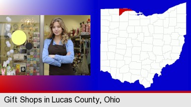 a gift shop proprietor; Lucas County highlighted in red on a map