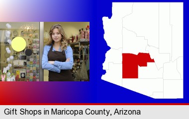a gift shop proprietor; Maricopa County highlighted in red on a map
