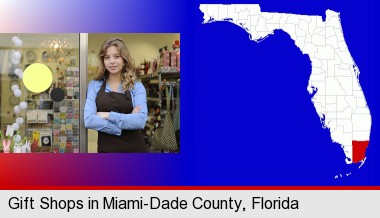 a gift shop proprietor; Miami-Dade County highlighted in red on a map