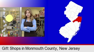 a gift shop proprietor; Monmouth County highlighted in red on a map