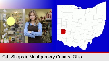 a gift shop proprietor; Montgomery County highlighted in red on a map