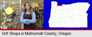 a gift shop proprietor; Multnomah County highlighted in red on a map